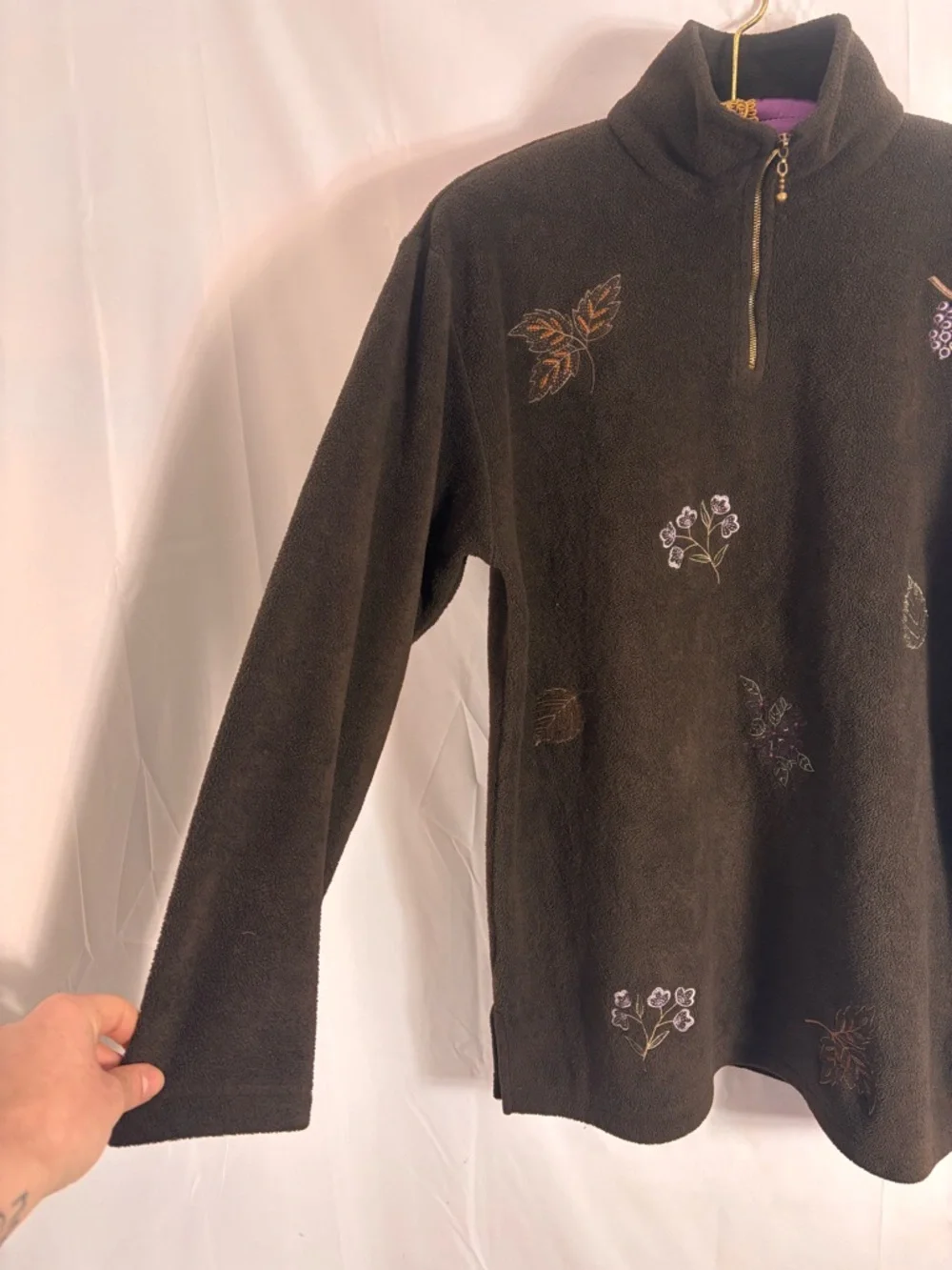 VTG Brown Embroidered‎ 1/4 Zip Artsy Boho Cozy Fleece Spring Sweater Size M